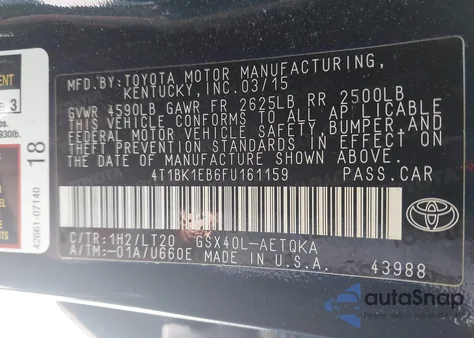 2015 Toyota Avalon Xle Touring из США, поврежденный, VIN 4T1BK1EB6FU161159